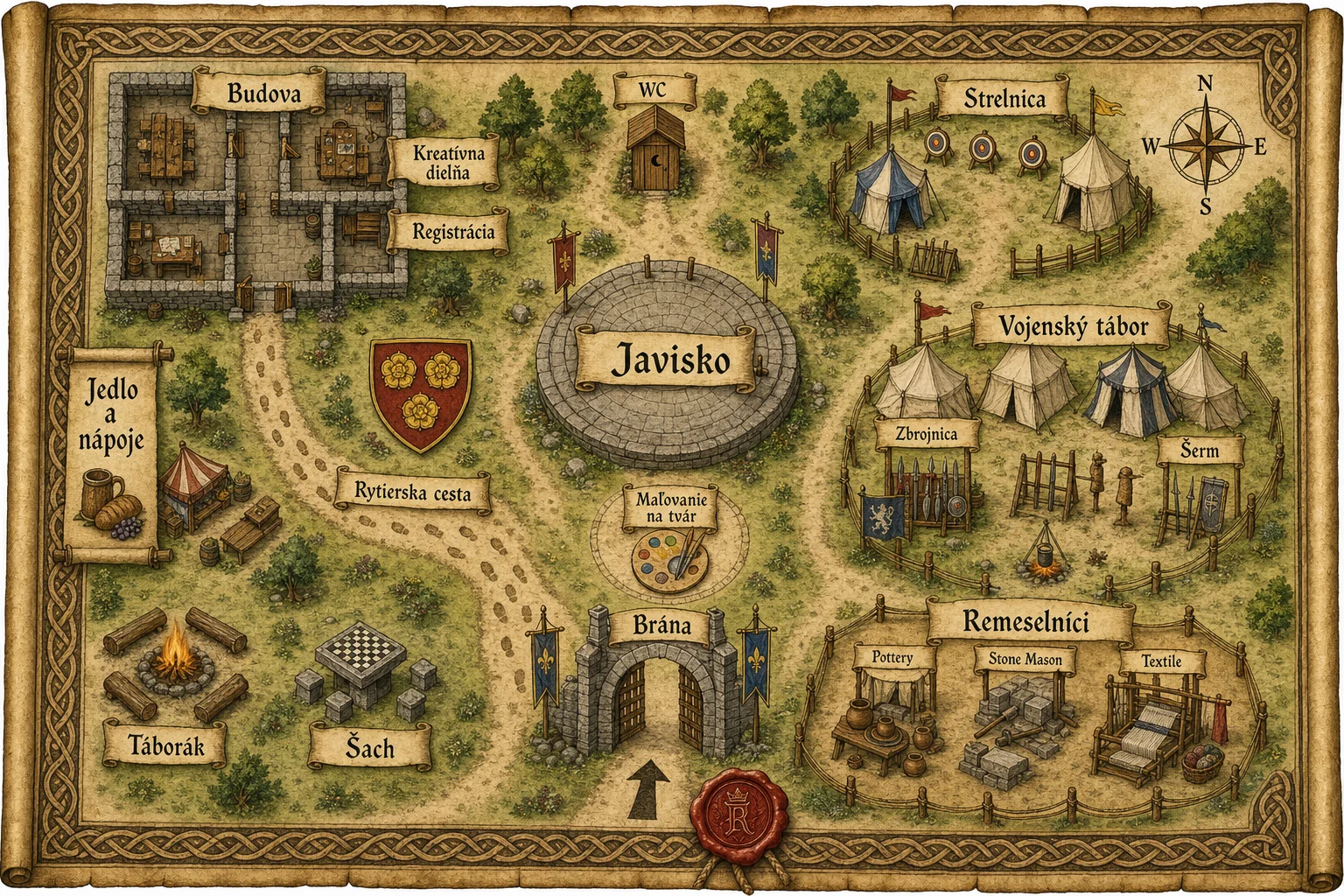 Mapa festivalu Pod vlekom: brána, budova, registrácia, kreatívna dielňa, javisko, rytierska cesta, šach, táborák, jedlo a nápoje, maľovanie na tvár, strelnica, vojenský tábor, zbrojnica, šerm a remeselníci.
